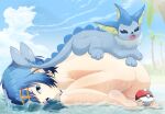  ambiguous_gender anus blue_body blue_eyes blue_hair butt day duo eeveelution female feral generation_1_pokemon genitals hair hi_res human looking_at_viewer mammal nintendo nude outside pokeball pokemon pokemon_(species) pussy throwplate trial_captain_lana vaporeon 