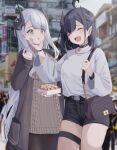  2girls ahoge bag bangs black_choker black_hair black_pantyhose black_shorts blurry blush breasts building cake_walker choker closed_eyes commentary_request cowboy_shot depth_of_field earrings fang food grabbing_another&#039;s_chin grey_eyes grey_hair hand_on_another&#039;s_chin highres holding holding_food horns jacket jewelry long_hair long_sleeves looking_at_another medium_breasts medium_hair mole mole_under_eye multiple_girls multiple_rings open_clothes open_jacket open_mouth original outdoors pantyhose pointy_ears ribbed_sweater ring shirt shirt_tucked_in short_shorts shorts shoulder_bag sleeves_past_wrists smile standing streetwear stud_earrings sweatdrop sweater thigh_strap thighs turtleneck turtleneck_sweater very_long_hair watch white_shirt wristwatch 