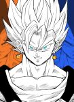  3boys absurdres commentary_request dragon_ball dragon_ball_z earrings frown grin highres jewelry large_pectorals liedein limited_palette male_focus multiple_boys pectorals portrait potara_earrings smile son_goku super_saiyan vegeta vegetto 