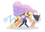  1girl anabel_(pokemon) carrying claws fangs flying_sweatdrops long_hair looking_at_viewer pokemon pokemon_(creature) pokemon_(game) pokemon_sm purple_hair raikou socks standing sweat sweater tail trembling vergolophus yellow_fur 