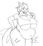  2022 anthro belly belly_jiggle belly_overhang big_belly big_breasts blush blush_lines breast_jiggle breasts bulging_breasts cleavage cleavage_overflow clothed clothing confusion digital_media_(artwork) dpronin dragon female finger_to_mouth fish hand_on_hip horn huge_breasts hybrid jiggling looking_down love_handles marine motion_lines navel overweight overweight_female scalie shark signature solo torn_clothing under_boob 