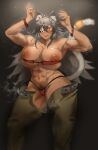  1girl abs absurdres animal_ear_fluff animal_ears armpits arms_up bandeau bandeau_pull bangs bare_shoulders belt blush breasts cat_ears cat_girl cat_tail collarbone commentary dark-skinned_female dark_skin excessive_pubic_hair eyepatch female_pubic_hair ghislaine_dedoldia green_pants grey_pubic_hair hair_between_eyes highleg highleg_panties highres large_breasts long_hair looking_at_viewer muscular muscular_female mushoku_tensei navel nipples no_jacket open_belt open_mouth open_pants paid_reward_available panties pants pubic_hair red_bandeau red_eyes red_panties scar scar_on_cheek scar_on_face scar_on_stomach sidelocks skindentation solo standing steaming_body stomach sweat tail tail_ornament tail_ring teeth tongue tongue_out underwear upper_teeth_only yonezu_(dlghdud) 
