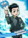  1boy batman_(series) black_hair black_jacket black_shirt blue_background blurry card_(medium) character_name damian_wayne dc_comics green_eyes idolmaster idolmaster_side-m jacket long_sleeves male_child male_focus okayu0317 open_clothes open_jacket open_mouth shirt super_sons 