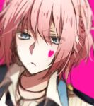  1boy androgynous azkmggsr black_shirt blue_eyes closed_mouth collared_shirt dynamic_chord frown heart_on_cheek jewelry male_focus momose_tsumugi multicolored_shirt necklace pink_background pink_hair shirt short_hair solo white_shirt 