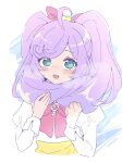 1girl blue_eyes blush bow hair_bow hair_scarf head_tilt highres juliet_sleeves long_hair long_sleeves looking_at_viewer manaka_lala nojima_minami open_mouth pink_bow pretty_(series) pripara puffy_sleeves purple_hair red_bow shirt shirt_tucked_in smile solo twintails upper_body white_shirt 