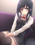  1girl absurdres asashio_(kancolle) asashio_kai_ni_(kancolle) belt black_hair blue_eyes buttons collared_shirt couch dress highres indoors kantai_collection lips long_hair long_sleeves looking_at_viewer neck_ribbon nuka_(nvkka) pinafore_dress pleated_dress red_ribbon ribbon shirt sitting solo white_shirt 