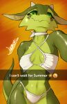  2023 abstract_background absurd_res anthro artist_name bikini breasts cleavage clothed clothing english_text eyelashes female green_eyes hi_res horn kobold liltelltails looking_at_viewer midriff navel neckerchief scalie selfie signature small_breasts smile snapchat solo swimwear text 