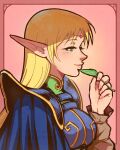  1girl akairiot armor blonde_hair blue_armor blue_cape breasts cape circlet colorized commentary deedlit elf english_commentary eyelashes fingernails green_eyes half-closed_eyes highres holding holding_leaf large_breasts leaf long_hair long_pointy_ears pauldrons pointy_ears record_of_lodoss_war shoulder_armor solo 