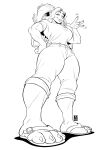  2023 4_toes ammi_(cinnahbunn) anthro black_and_white claws clothing feet female footwear gesture hand_on_hip hi_res lagomorph leporid low-angle_view mammal monochrome muscular muscular_anthro muscular_female rabbit sandals silverscarf solo toe_claws toes waving 