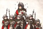 6+girls ? aged_down armor bassinet brown_hair bug butterfly commentary confused english_commentary flora_sister_(ironlily) flower front_twin_braids_sister_(ironlily) full_armor gambeson hat hat_flower helmet highres holding_hands ironlily kettle_helm kite_shield knight lady_lucerne_(ironlily) long_hair medieval mid_neutral_sister_(ironlily) multiple_girls ordo_mediare_sisters_(ironlily) polearm sheath sheathed shield_on_back short_hair short_hair_sister_(ironlily) spear sweatdrop twin_braids_sister_(ironlily) walking weapon weapon_on_back 