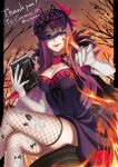  1girl :d absurdres book breasts cleavage commentary_request commission crossed_legs elbow_gloves feet_out_of_frame fire fire_emblem fire_emblem_engage fishnet_thighhighs fishnets gloves highres holding holding_book ivy_(fire_emblem) kuzunue large_breasts long_hair looking_at_viewer open_mouth purple_eyes purple_hair second-party_source sitting smile solo thighhighs thighs very_long_hair white_gloves 