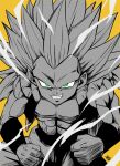  1boy abs absurdres clenched_hands commentary dragon_ball dragon_ball_z electricity gotenks green_eyes greyscale grin highres liedein long_hair male_focus metamoran_vest monochrome muscular muscular_male no_eyebrows signature smile solo spot_color super_saiyan super_saiyan_3 upper_body widow&#039;s_peak yellow_background 