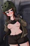  1girl absurdres bangs black_gloves black_shirt black_shorts blush breasts brown_eyes brown_hair brown_jacket clothes_lift cowboy_shot emblem english_commentary girls_und_panzer gloves green_headwear grin helmet helmet-chan_(girls_und_panzer) highres jacket lifted_by_self long_sleeves looking_at_viewer medium_breasts military military_uniform navel nipples open_clothes open_jacket saunders_military_uniform shiijeikun shirt shirt_lift short_hair short_shorts shorts sidelocks smile solo standing star_(symbol) tank_helmet twitter_username uniform 