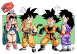  1girl 3boys armor bikini_armor black_eyes black_hair blue_cape boots breasts cape chi-chi_(dragon_ball) cleavage commentary_request dougi dragon_ball dragon_ball_(classic) dragon_ball_z forest_1988 gloves helmet long_hair monkey_tail multiple_boys navel nyoibo pink_gloves pink_headwear pointing shoulder_armor small_breasts son_gohan son_goku son_goten sweatdrop tail time_paradox translation_request 