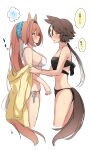  ! !! 2girls animal_ears bangs bikini black_bikini blush breasts brown_eyes brown_hair closed_mouth commentary daiwa_scarlet_(umamusume) half-closed_eyes highres holding holding_clothes holding_jacket horse_ears horse_girl horse_tail jacket large_breasts long_hair looking_at_another multiple_girls open_mouth orange_eyes orange_hair poco. ponytail side-tie_bikini_bottom signature simple_background small_breasts spoken_exclamation_mark strapless strapless_bikini string_bikini swimsuit tail translated twintails umamusume vodka_(umamusume) white_background white_bikini yellow_jacket yuri 