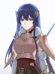  1girl armor belt blue_eyes blue_hair breastplate caeda_(fire_emblem) dress elbow_gloves fire_emblem fire_emblem:_mystery_of_the_emblem fire_emblem:_shadow_dragon gloves highres looking_at_viewer mik_blamike pauldrons pegasus_knight_uniform_(fire_emblem) red_dress short_dress shoulder_armor simple_background smile solo white_background white_gloves 