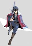  1boy ahoge black_hair coat eiyuu_densetsu feng_you fur_collar highres holding holding_sheath holding_sword holding_weapon katana purple_eyes rean_schwarzer sen_no_kiseki sen_no_kiseki_ii sheath simple_background sitting solo sword two-tone_background weapon white_background 