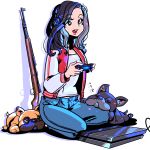  1girl absurdres black_eyes black_hair blue_pants controller denim dog game_console grey_shirt gun headphones highres holding holding_controller jacket jeans letterman_jacket long_hair open_mouth original pants playstation_4 red_jacket rifle rolan-ce shadow shirt sitting sleeping smile solo weapon white_background 