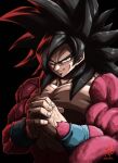  1boy absurdres black_background black_hair blurry commentary_request depth_of_field dragon_ball dragon_ball_gt highres large_pectorals liedein male_focus monkey_tail own_hands_clasped own_hands_together pectorals signature smile solo son_goku super_saiyan super_saiyan_4 tail twitter_username upper_body veins yellow_eyes 