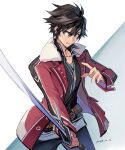  1boy black_hair coat eiyuu_densetsu feng_you fur_collar hair_between_eyes highres holding holding_sword holding_weapon katana purple_eyes rean_schwarzer sen_no_kiseki sen_no_kiseki_ii simple_background solo sword two-tone_background upper_body weapon 