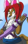  bat black_nose breasts brown_body brown_fur canid canine canis cleavage clothed clothing fur green_eyes hair hi_res hybrid leena_zarantho mammal melee_weapon membrane_(anatomy) membranous_wings midriff navel red_hair strays_of_siravia sword thelordoflemonz weapon wings wolf 