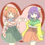  2girls bangs bell blush breasts falling_petals flower green_skirt hair_flower hair_ornament heart heart_hands hieda_no_akyuu japanese_clothes kimono looking_at_viewer matsu_kitsune medium_breasts motoori_kosuzu multiple_girls one_eye_closed petals purple_eyes purple_hair red_eyes red_hair red_skirt short_hair skirt touhou two_side_up v 