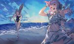  2girls absurdres animal_ears arm_up bare_shoulders beach bead_bracelet beads black_one-piece_swimsuit bracelet breasts cleavage cloud dress flower_bracelet frilled_dress frills goggles goggles_on_head gold_ship_(run_revolt_launcher)_(umamusume) gold_ship_(umamusume) grey_hair hand_on_hip high_heels highres holding holding_water_gun holster horse_ears horse_girl horse_tail jewelry large_breasts lilithmy long_hair low_twintails mejiro_mcqueen_(ripple_fairlady)_(umamusume) mejiro_mcqueen_(umamusume) multiple_girls necklace ocean one-piece_swimsuit open_mouth purple_eyes purple_hair single_wrist_cuff smile strappy_heels sunset swimsuit tail thigh_holster twintails umamusume v-shaped_eyebrows water water_gun white_dress wrist_cuffs 