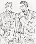  2boys adjusting_clothes adjusting_necktie aged_up alternate_facial_hair bara beard character_request dickfish_(fishismdick) facial_hair formal john_rottweil_(dickfish) male_focus mature_male multiple_boys muscular muscular_male mustache necktie original pectorals scan short_hair sideburns sketch standing suit thick_eyebrows traditional_media 