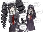  2girls absurdres asymmetrical_bangs bangs black_hair black_jacket black_nails black_skirt blouse blue_eyes blunt_bangs braid celestia_ludenberg clenched_teeth collared_shirt cowboy_shot danganronpa:_trigger_happy_havoc danganronpa_(series) drill_hair earrings fukawa_touko glasses gold_earrings gothic gothic_lolita hand_in_own_hair highres holding holding_hair jacket jewelry lace lace-trimmed_skirt lace_trim layered_skirt lolita_fashion long_skirt long_sleeves looking_at_another low_twin_braids maid_headdress multiple_girls nail_polish neck_ribbon neckerchief necktie nervous pleated_skirt purple_shirt purple_skirt red_eyes red_neckerchief red_necktie ribbon ribbon-trimmed_sleeves ribbon_trim ring round_eyewear sailor sailor_collar school_uniform serafuku shirt sidelocks sideways_glance simple_background skirt smile sphere_earrings sweat sweating_profusely swept_bangs teeth thought_bubble twin_braids twin_drills twintails white_background white_shirt woogleboy 