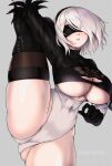  1girl artist_name ass ass_visible_through_thighs black_blindfold black_thighhighs blindfold breasts curvy flexible highres huge_breasts large_breasts leg_up leotard lips mole mole_under_mouth nier nier_(series) nier_automata noxcuro short_hair signature solo thick_thighs thighhighs thighs underboob white_background white_hair yorha_no._2_type_b 