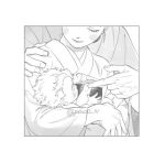  1girl 2boys aged_down baby blush border eyelashes family hand_on_another&#039;s_shoulder holding_another&#039;s_finger japanese_clothes kimetsu_no_yaiba kimono long_sleeves monochrome multiple_boys obi out_of_frame pao0_n sash shinazugawa_kyougo shinazugawa_sanemi shinazugawa_shizu short_hair smile twitter_username updo upper_body veins wide_sleeves 