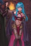  1boy 1girl absurdres bandeau bare_shoulders black_gloves black_pantyhose blue_eyes blue_hair bracelet bridal_gauntlets commentary_request criss-cross_halter eirika_(fire_emblem) elbow_gloves feather_hair_ornament feathers feet_out_of_frame fire_emblem fire_emblem:_the_sacred_stones gloves hair_between_eyes hair_ornament hair_ribbon halterneck harem_outfit hazuki_(nyorosuke) highres indoors jewelry long_hair looking_at_viewer midriff navel neck_ring out_of_frame pantyhose pelvic_curtain ribbon shawl solo_focus standing stomach tears thighlet thighs valter very_long_hair 