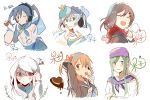  5girls ^_^ adjusting_hood alternate_costume aqua_eyes black_sailor_collar black_serafuku blue_dress blue_eyes blue_hair blue_neckerchief blue_skirt blunt_ends blush_stickers bow brown_eyes brown_hair buttons candy character_name chinese_commentary chinese_text chocolate closed_eyes closed_mouth collared_dress commentary cropped_torso cup double-breasted dress drinking_glass dual_persona ene_(kagerou_project) enpera facial_mark facing_viewer food from_side green_hair hair_between_eyes hair_bow hair_ornament hairclip hand_in_own_hair hand_up hat headgear headphones heart heart-shaped_chocolate holding holding_cup hood hood_up hoodie kagerou_project kido_tsubomi kisaragi_momo kozakura_marry long_sleeves looking_at_viewer mekakucity_actors multiple_girls neckerchief one_side_up open_mouth orange_hair otorigg pink_eyes purple_eyes purple_headwear purple_neckerchief red_bow red_scarf sailor_collar scarf school_uniform serafuku shirt sidelocks simple_background sketch skirt smile stick_figure tateyama_ayano twintails upper_body white_background white_hair white_hoodie white_neckerchief white_shirt wide_sleeves wine_glass 