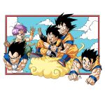  5boys black_eyes black_hair blue_eyes clenched_hands cloud commentary_request crossed_arms dougi dragon_ball dragon_ball_z father&#039;s_day father_and_son flying flying_nimbus forest_1988 frown grin hug hug_from_behind male_focus multiple_boys muscular muscular_male official_style open_mouth purple_hair riding smile son_gohan son_goku son_goten toriyama_akira_(style) trunks_(dragon_ball) vegeta wristband 