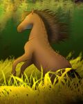  2020 ambiguous_gender blue_eyes brown_body brown_hair brown_mane brown_tail digital_media_(artwork) dolero equid equine feathering feral fur grass hair hooves horse mammal mane on_hind_legs plant simple_background solo tail tree witchypangolin 