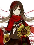  1girl aaniko ambiguous_red_liquid arm_at_side black_sailor_collar black_serafuku black_skirt brown_eyes brown_hair closed_mouth expressionless floating_hair flower hair_between_eyes hair_ornament hairclip holding holding_clothes holding_scarf kagerou_project long_hair mekakucity_actors neckerchief plant red_flower red_scarf sailor_collar scarf school_uniform serafuku simple_background sketch skirt solo spider_lily splatter stained_clothes straight-on string string_of_fate sunflower tateyama_ayano upper_body white_background white_neckerchief yellow_flower 
