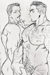  2boys abs arm_hair bara billy_russell_(dickfish) chest_hair completely_nude covering covering_crotch dickfish_(fishismdick) dog_tags facial_hair from_side glasses hairy highres john_rottweil_(dickfish) large_pectorals leg_hair male_focus male_pubic_hair mature_male multiple_boys muscular muscular_male mustache navel navel_hair necklace_pull nipples nude nude_cover original pectorals pubic_hair raised_eyebrow scan short_hair sideburns sketch staring stomach thick_eyebrows traditional_media undercut walking yaoi 