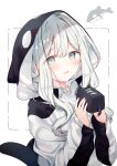  1girl animal_hood bangs character_request copyright_request grey_eyes holding holding_stuffed_toy hood hoodie kazutake_hazano long_hair looking_at_viewer orca_hood parted_lips sidelocks solo stuffed_toy upper_body white_background white_hair 