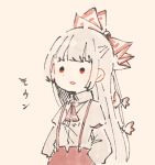  1girl ascot bangs blunt_bangs bow collared_shirt dot_nose fujiwara_no_mokou grey_shirt hair_bow hair_ribbon half_updo hands_in_pockets hatching_(texture) high-waist_pants hime_cut itomugi-kun large_bow linear_hatching long_hair long_sleeves looking_at_viewer pale_color pants parted_lips pink_background puffy_long_sleeves puffy_sleeves red_ascot red_eyes red_pants ribbon shirt shirt_tucked_in simple_background solid_oval_eyes solo standing straight_hair suspenders touhou tress_ribbon upper_body white_bow white_hair wing_collar 