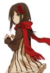  1girl aaniko alternate_costume brown_dress brown_eyes brown_hair dress enpera flower fringe_trim from_side hair_flower hair_ornament hairclip kagerou_project limited_palette long_hair long_sleeves looking_back mekakucity_actors parted_lips red_flower red_rose red_scarf rose scarf simple_background sketch solo striped striped_dress tateyama_ayano two-tone_dress upper_body vertical-striped_dress vertical_stripes white_background 