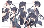  1girl absurdres arm_behind_head arm_up armpits ass bare_shoulders black_dress black_gloves black_hair blue_archive braid braided_bun breasts butterfly_hair_ornament china_dress chinese_clothes cs/ls06 double_bun dragon_print dress etoile gloves grey_eyes gun hair_bun hair_ornament highres holding holding_weapon kisaki_(blue_archive) long_hair looking_at_viewer medium_breasts multiple_views pelvic_curtain print_dress sleeveless sleeveless_dress small_breasts submachine_gun twintails weapon 