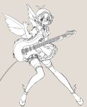 1girl animal_ears bird_ears bird_wings choujuu_gigaku closed_mouth dress electric_guitar fingernails full_body glasses grey_background guitar hat highres holding holding_instrument holding_plectrum instrument lineart monochrome mystia_lorelei namauni plectrum puffy_short_sleeves puffy_sleeves shoes short_hair short_sleeves simple_background solo touhou winged_footwear winged_hat wings 