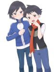  2boys bangs blue_jacket blush calem_(pokemon) clenched_hand closed_mouth commentary grey_eyes hand_up highres jacket long_sleeves looking_at_viewer lucas_(pokemon) male_focus multiple_boys pants pokemon pokemon_(game) pokemon_dppt pokemon_xy sana_(37pisana) scarf shirt short_hair short_sleeves simple_background sweat symbol-only_commentary t-shirt turtleneck turtleneck_jacket vest white_background white_shirt zipper_pull_tab 