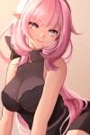  1girl absurdres alternate_costume bangs bare_shoulders black_dress blue_eyes breasts cleavage closed_mouth dress elysia_(honkai_impact) highres honkai_(series) honkai_impact_3rd jewelry large_breasts long_hair looking_at_viewer mofumanju necklace pink_hair pink_pupils pointy_ears sleeveless sleeveless_dress smile solo upper_body 