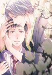  2boys absurdres black_hair brown_necktie flower formal grey_hair highres hug japanese_clothes kimono male_focus multiple_boys necktie short_hair smile suit upper_body yaoi yoshinoluca zashiki-warashi 