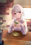  1girl akisaka_yamoka bangs blush commentary_request cup head_tilt highres holding holding_cup long_sleeves looking_at_viewer original purple_eyes saucer short_hair smile solo swept_bangs white_hair 
