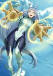  1girl :d blue_bodysuit blue_eyes blue_hair blue_sky bodysuit boku_no_hero_academia cloud day drill_hair energy fengling_(furin-jp) floating gloves green_bodysuit hadou_nejire hair_horns highres light_blue_hair long_hair looking_at_viewer midair multicolored_bodysuit multicolored_clothes ocean open_mouth outdoors skin_tight sky smile solo superhero very_long_hair water yellow_gloves 