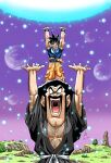  2boys afro black_eyes black_hair blue_eyes chest_hair dated dragon_ball dragon_ball_z energy_ball facial_hair forest_1988 genki_dama grass highres male_focus mr._satan multiple_boys muscular muscular_male mustache planet signature son_goku torn_clothes tree 