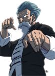  1boy absurdres beard black_eyes blue_hair chinese_clothes commentary_request dragon_ball dragon_ball_(classic) facial_hair fighting_stance from_below highres jackie_chun liedein male_focus muten_roushi old old_man signature solo upper_body white_background wrinkled_skin 