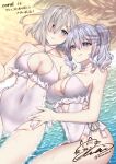  2girls anchor_ornament bangs beach blue_eyes breasts casual_one-piece_swimsuit choker collarbone commentary_request commission cosplay covered_navel criss-cross_halter day grey_hair hair_between_eyes hair_ornament hair_over_one_eye hairclip halterneck hamakaze_(kancolle) highleg highleg_swimsuit highres kantai_collection kashima_(kancolle) large_breasts licking_lips long_bangs long_hair looking_at_viewer lying lying_on_water mimamui multiple_girls o-ring ocean on_back one-piece_swimsuit outdoors parted_lips sagiri_(kancolle) sagiri_(kancolle)_(cosplay) shadow short_hair side-tie_swimsuit signature skeb_commission swimsuit tongue tongue_out translation_request twintails twitter_username wet white_choker white_one-piece_swimsuit 